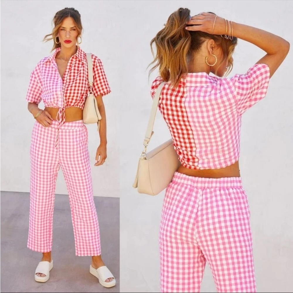Pink Gingham High-Waist Wide-Leg Pants - Women